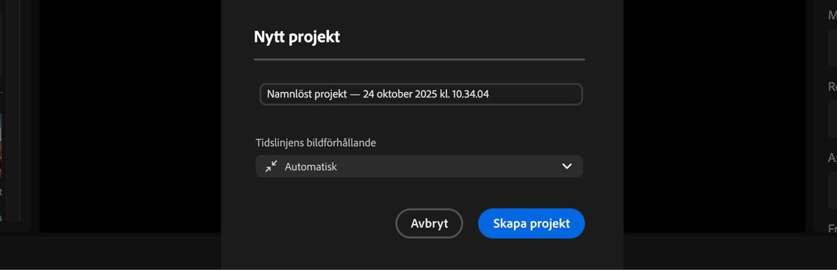 Dialogrutan Nytt projekt är öppen och det finns alternativ för att lägga till ett namn på projektet och även ställa in bildförhållande för tidslinjen.