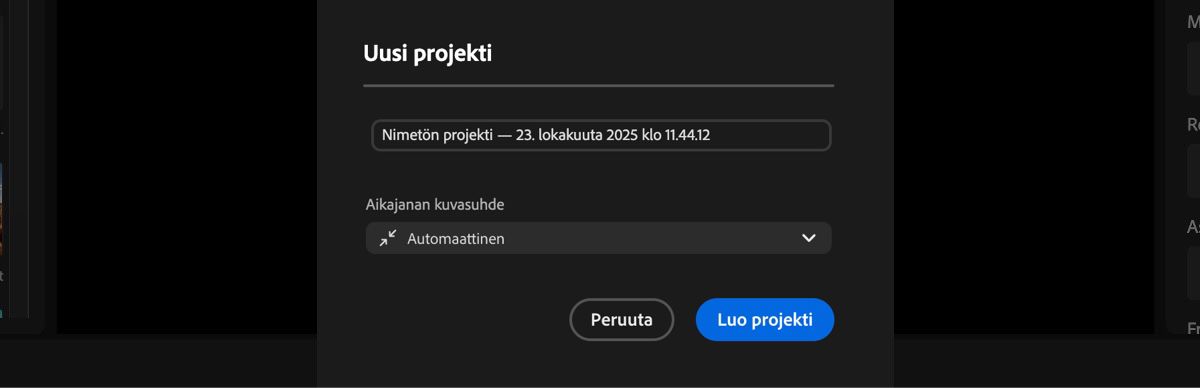 Uusi projekti -valintaikkuna on auki ja siinä on vaihtoehdot projektin nimeämiseen sekä aikajanan kuvasuhteen määrittämiseen.