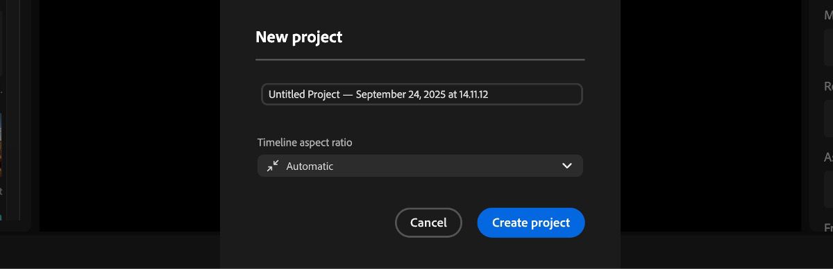 The New project dialog box is open and there are options to add a name to the project and also set aspect ratio for the timeline.