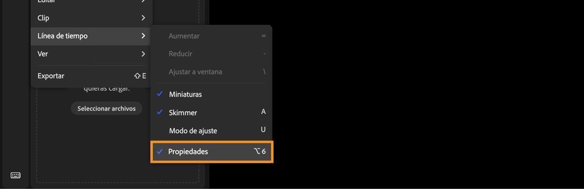 Se abre el menú principal y, entre las opciones disponibles, se selecciona &quot;Cronología&quot; seguido de &quot;Propiedades&quot;.