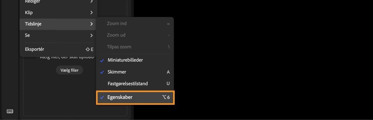 Hovedmenuen åbnes, og fra de tilgængelige muligheder vælges 'Tidslinje' efterfulgt af 'Egenskaber'.