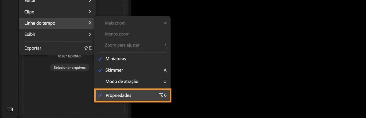 O menu principal é aberto e, entre as opções disponíveis, “Linha do tempo” é selecionado, seguido de “Propriedades”.