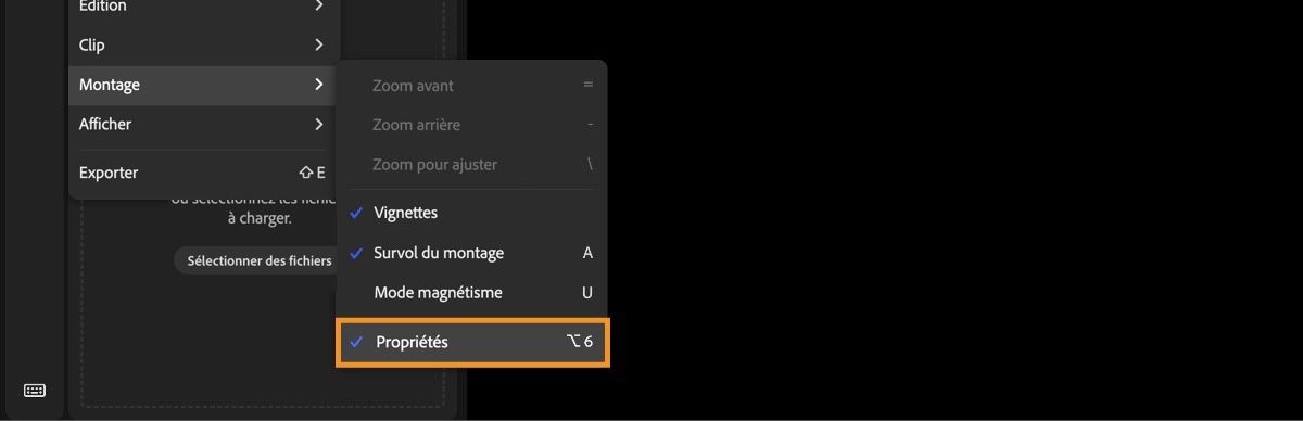 Le menu principal s’ouvre, et parmi les options disponibles, sélectionnez « Montage », puis « Propriétés ».