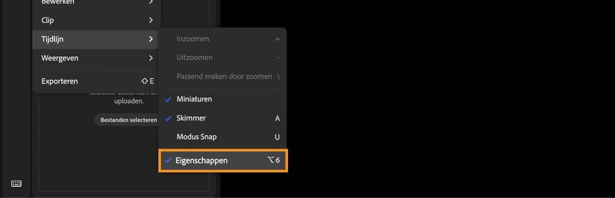 Het hoofdmenu is geopend en uit de beschikbare opties is 'Tijdlijn' geselecteerd, gevolgd door 'Eigenschappen'.