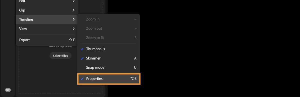 The main menu is opened, and from the available options, 'Timeline' is selected followed by 'Properties'.