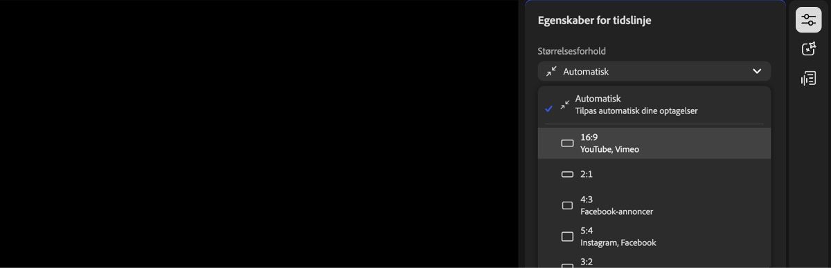 Panelet Tidslinjeegenskaber er åbent, og rullemenuen Formatforhold er udvidet og viser flere formatforholdsindstillinger at vælge imellem.