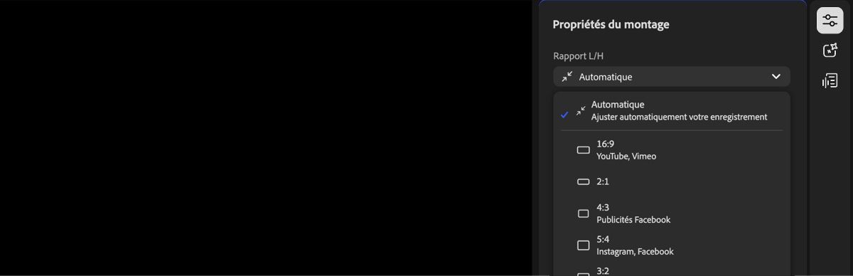 Le panneau Propriétés du montage est ouvert et le menu déroulant Rapport L/H est développé, affichant plusieurs options de rapport L/H disponibles.