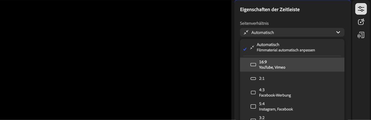 Das Eigenschaftenbedienfeld „Timeline“ ist geöffnet und das Dropdown-Menü „Seitenverhältnis“ ist erweitert, in dem mehrere Seitenverhältnis-Optionen zur Auswahl angezeigt werden.
