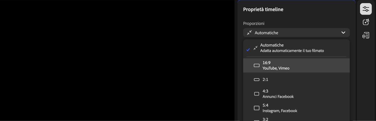 Il pannello Proprietà della timeline è aperto e il menu a discesa Proporzioni è espanso, mostrando diverse opzioni tra cui scegliere.