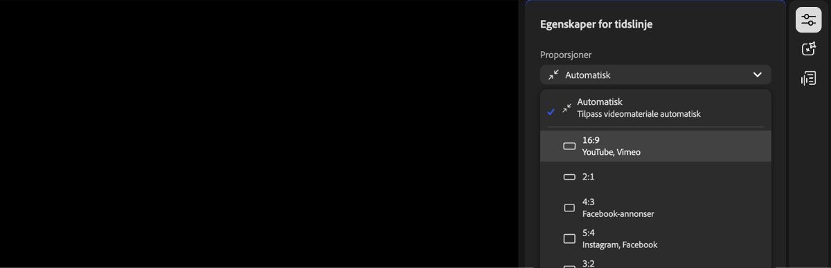 Panelet for tidslinjeegenskaper er åpent, og rullegardinmenyen Proporsjoner er utvidet og viser flere alternativer for proporsjoner å velge mellom.