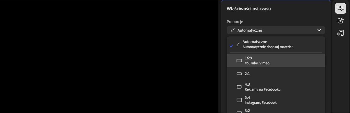 Panel właściwości osi czasu jest otwarty, a menu rozwijane Proporcje obrazu jest rozwinięte, wyświetlając wiele opcji proporcji obrazu do wyboru.
