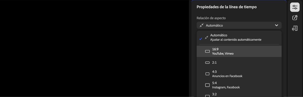 El panel Propiedades de cronología se abre y el menú desplegable Relación de aspecto se expande para mostrar varias opciones de relación de aspecto para elegir.
