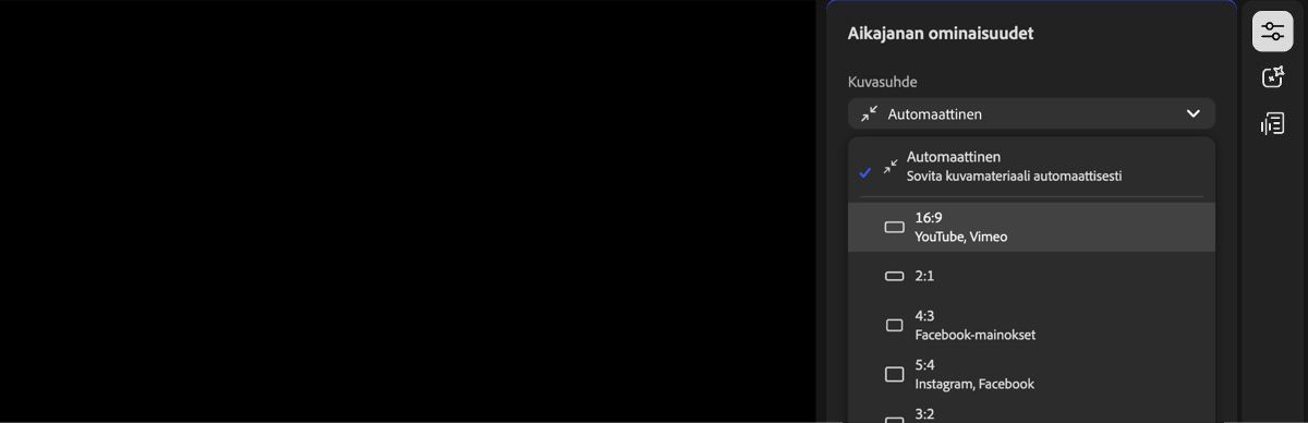 Aikajanan ominaisuudet -paneeli on auki, ja avattava Kuvasuhde-valikko on avattuna niin, että eri kuvasuhdevaihtoehdot ovat näkyvissä ja valittavissa.