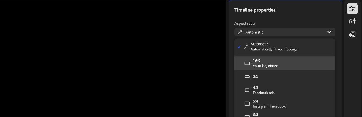 The Timeline properties panel is open, and the Aspect Ratio dropdown menu is expanded, displaying multiple aspect ratio options to choose from.