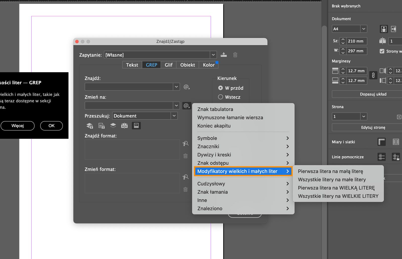 Zrzut ekranu panelu Znajdź/Zmień z otwartą kartą GREP i podświetlonymi modyfikatorami wielkich i małych liter.