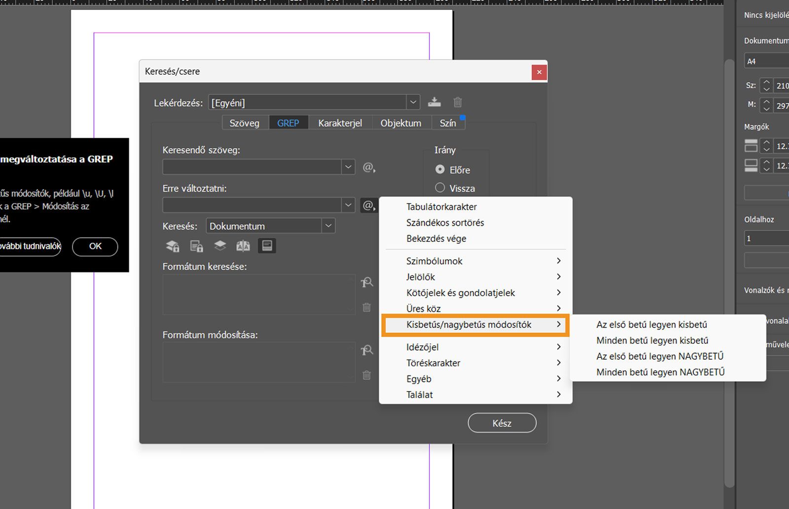 Képernyőkép a Keresés/Módosítás panelről, amelyen a GREP panel meg van nyitva, és ki van jelölve a Kisbetűs/nagybetűs módosítók lehetőség.