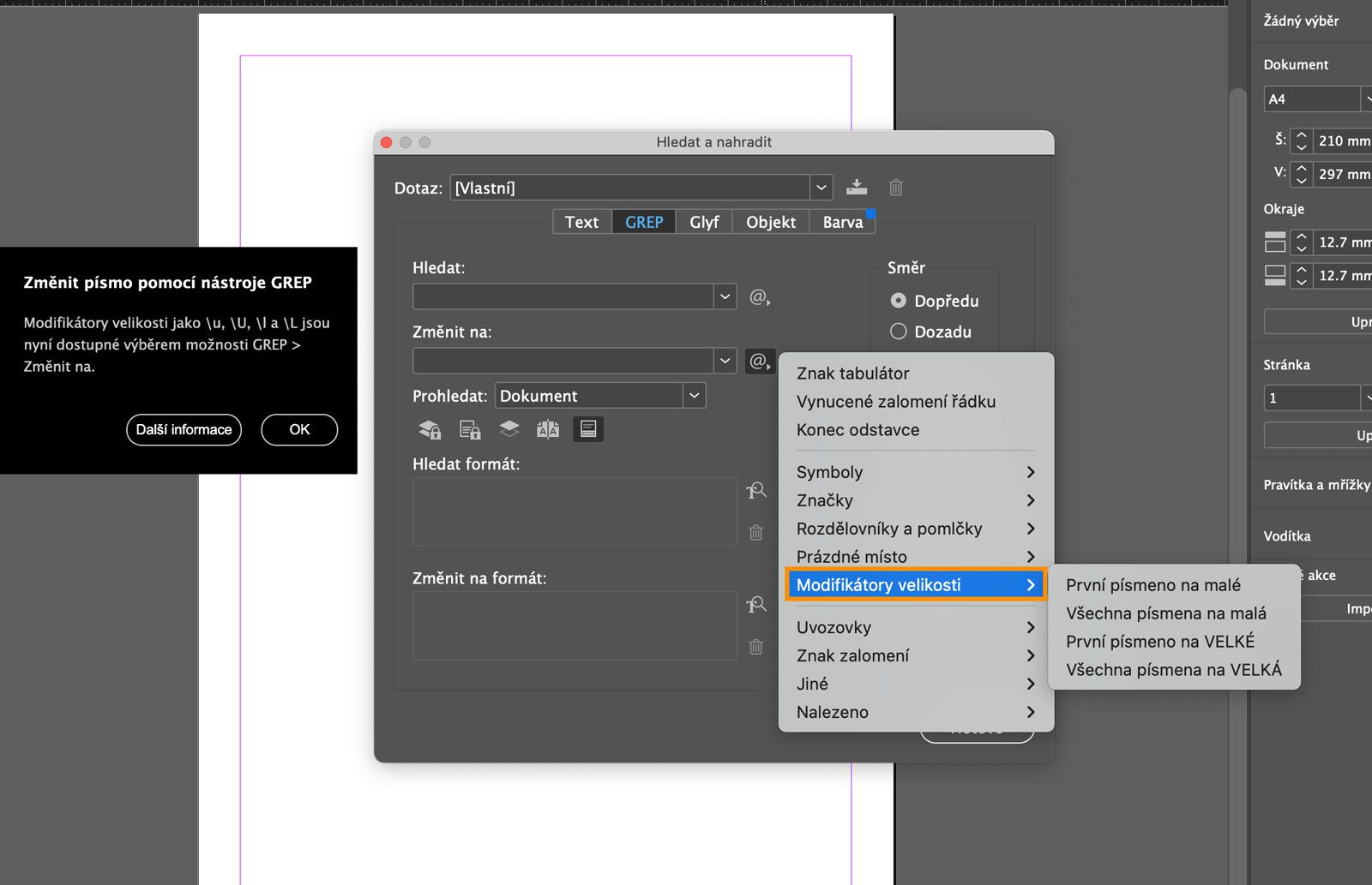 Snímek obrazovky panelu Hledat a změnit s otevřenou záložkou GREP a zvýrazněnými modifikátory velikosti.