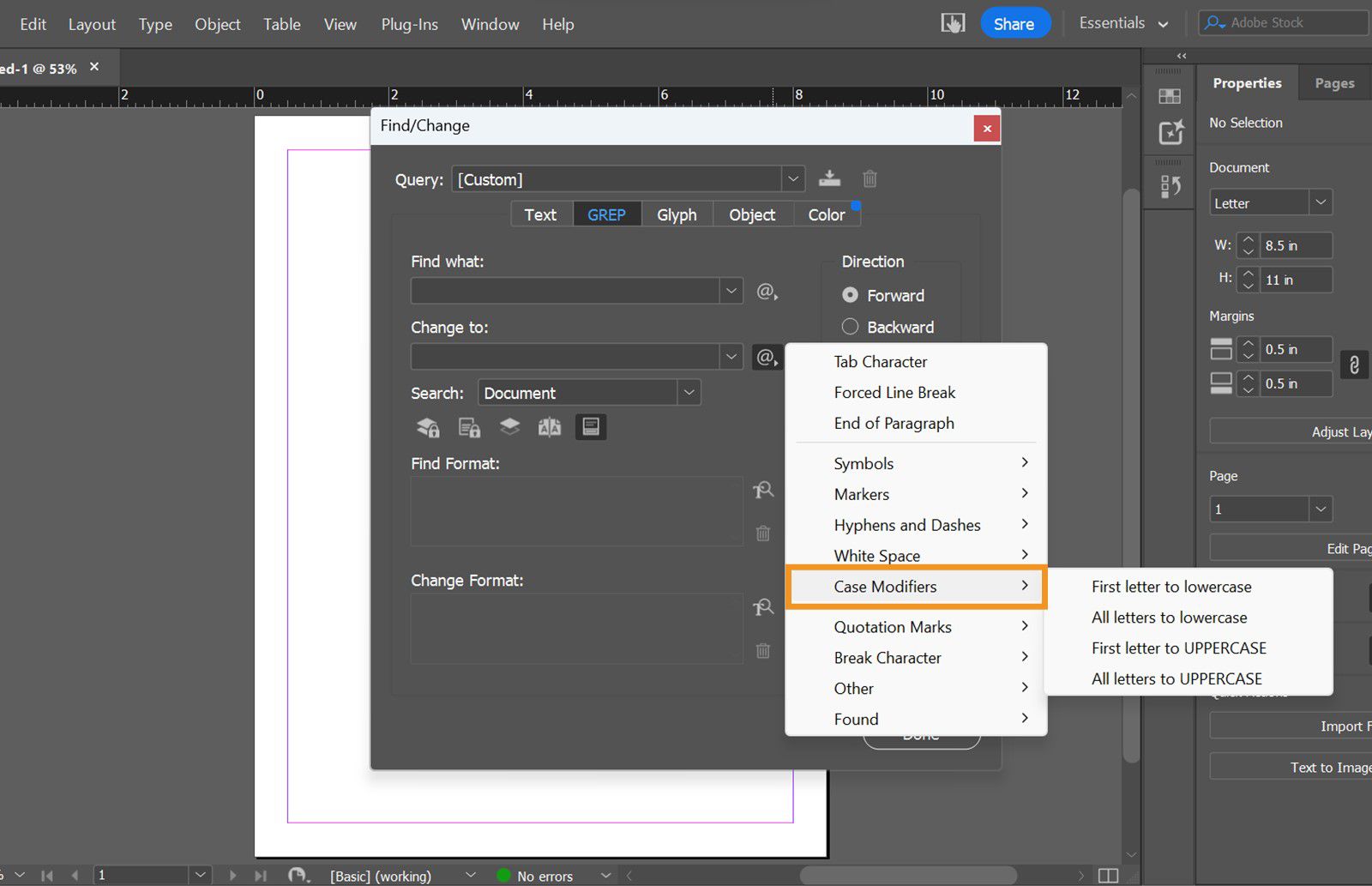 「正規表現」タブが開き、大文字小文字修飾子が強調表示された検索と置換パネルのスクリーンショット。
