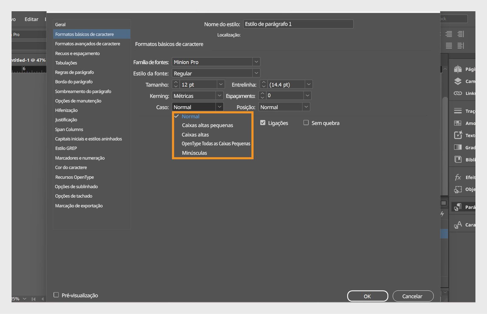 Captura de tela do painel Opções de estilo de parágrafo com o menu suspenso Caixa alta/baixa destacado.