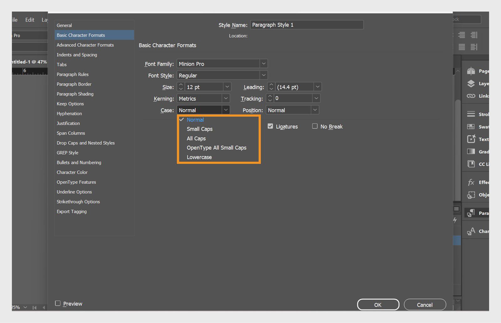 لقطة شاشة للوحة خيارات Paragraph Style مع تمييز القائمة المنسدلة Case.