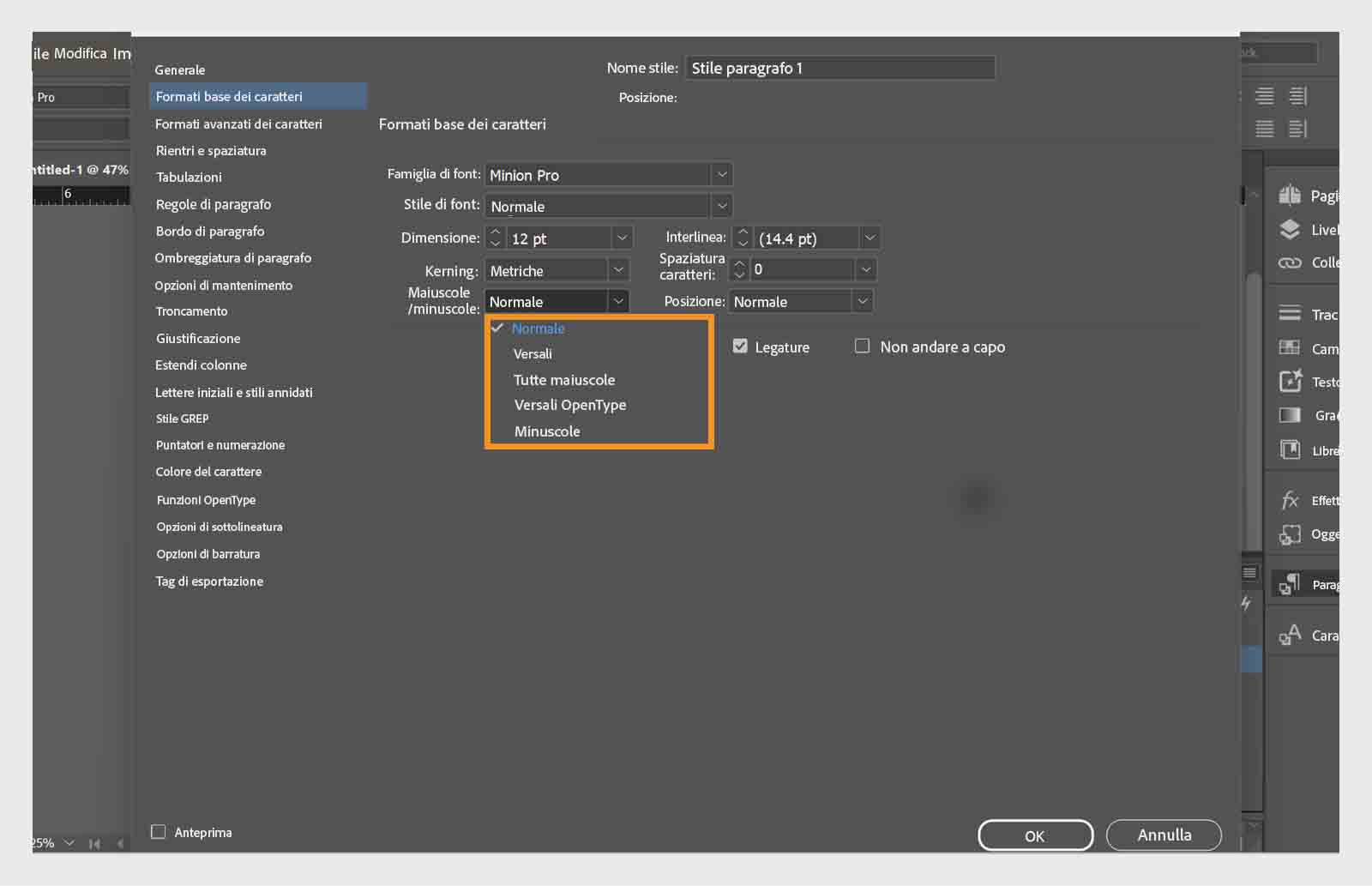 Schermata del pannello delle opzioni Stile di paragrafo con il menu a discesa Maiuscole/minuscole evidenziato.