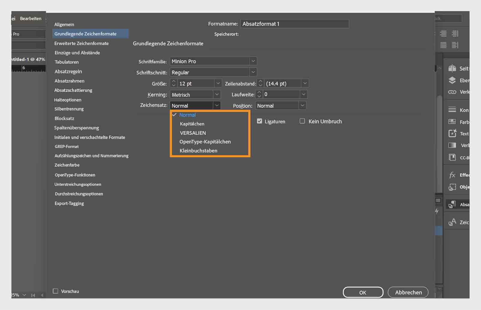 Screenshot der Absatzformatoptionen, in denen das Dropdown-Menü für die Groß-/Kleinschreibung hervorgehoben ist.