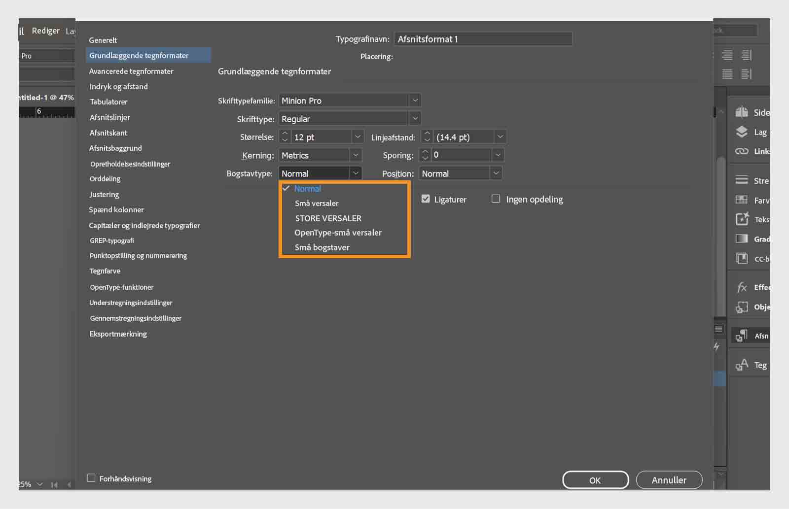 Skærmbillede af indstillingspanelet Afsnitstype med rullemenuen Store/små bogstaver fremhævet.