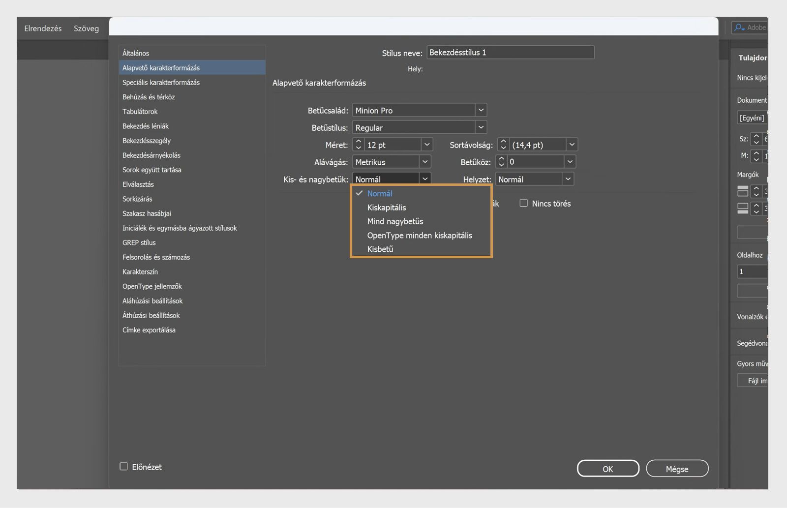 A Bekezdésstílus beállításai panel képernyőképe, kiemelve a Kis- és nagybetű legördülő menüvel.