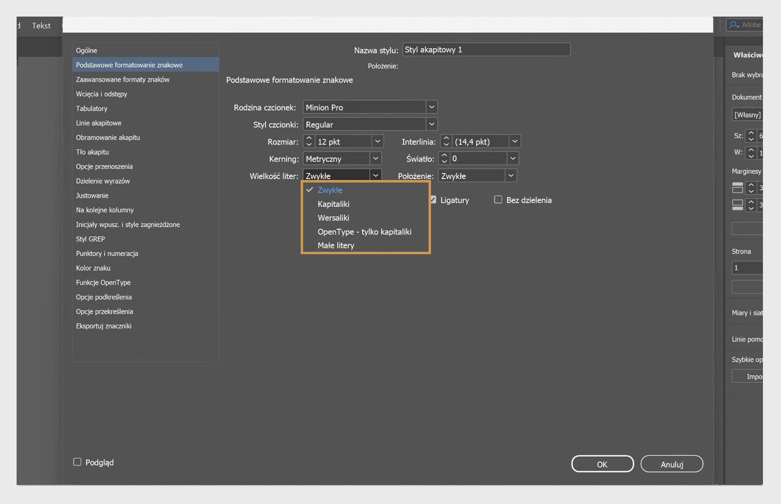 Zrzut ekranu panelu opcji Styl akapitowy z podświetlonym menu rozwijanym Wielkość liter.