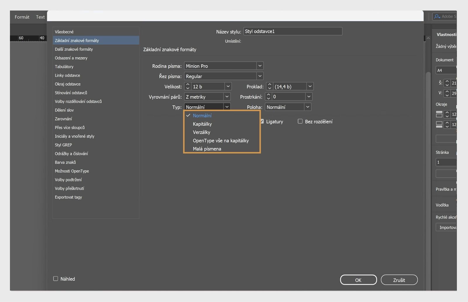 Snímek obrazovky panelu možností Odstavcový styl se zvýrazněnou rozbalovací nabídkou Velikost písmen.