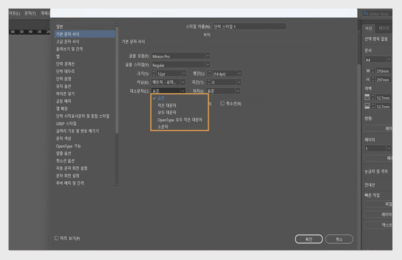 대소문자 드롭다운이 강조 표시된 단락 스타일 옵션 패널의 스크린샷.