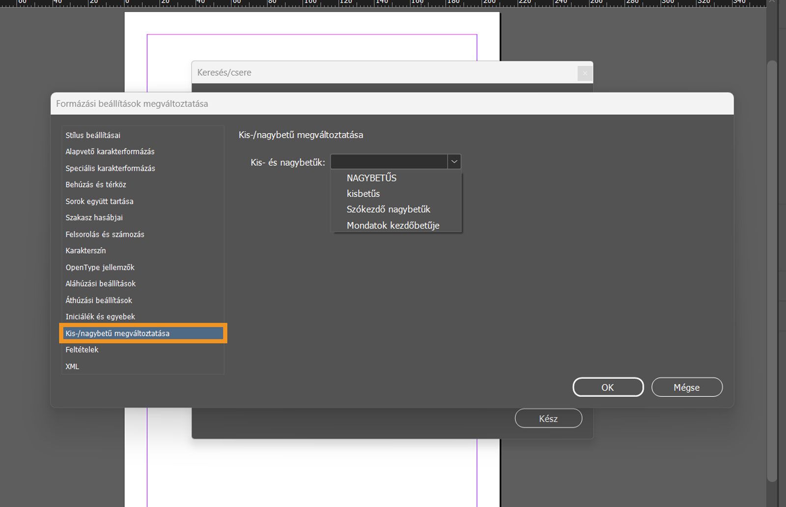 Képernyőkép a Formátumbeállítások módosítása panelről, kiemelve a Kis-/nagybetű megváltoztatása fül.