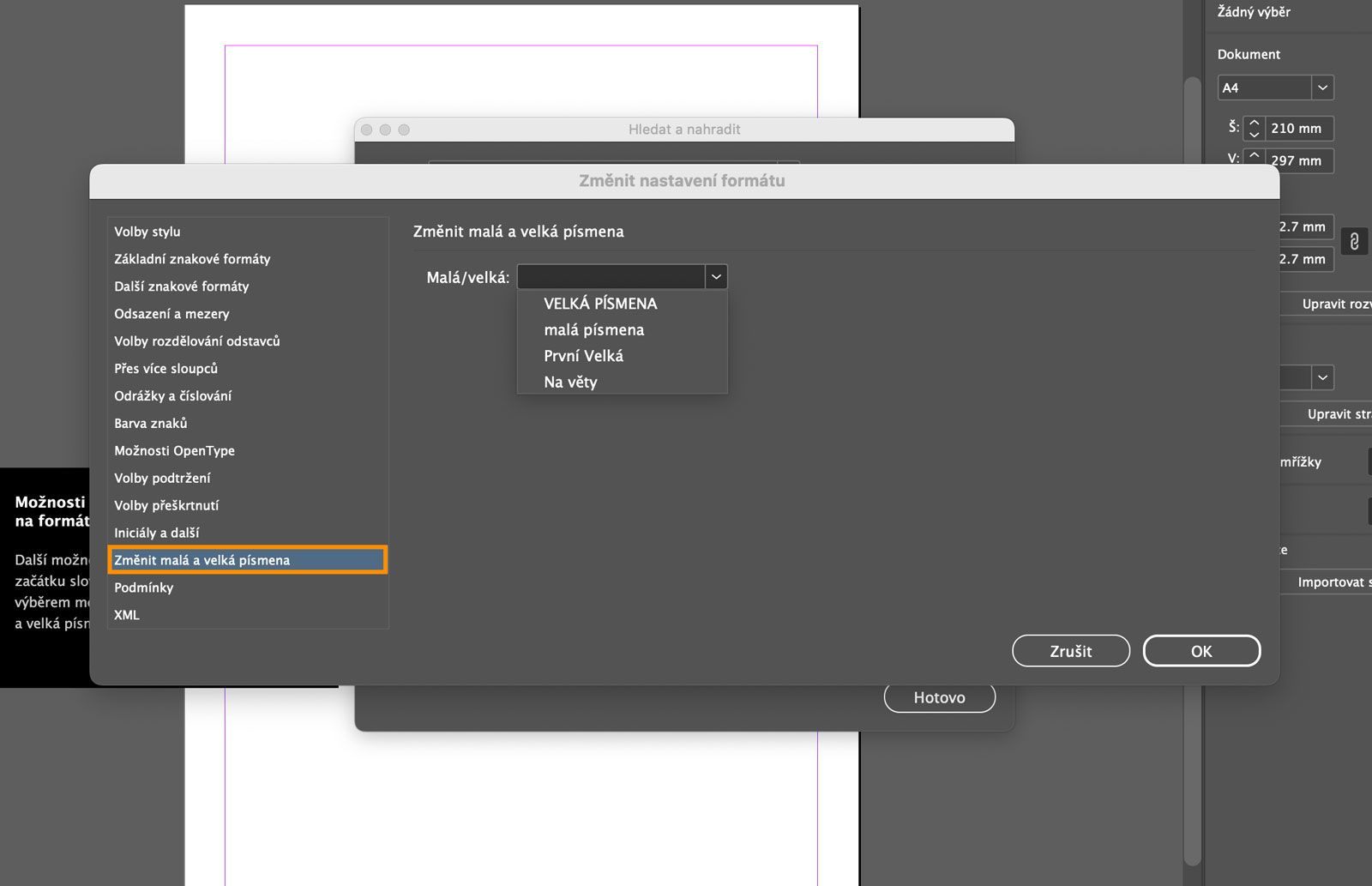Snímek obrazovky panelu Změnit nastavení formátu se zvýrazněnou záložkou Změnit velikost písmen.
