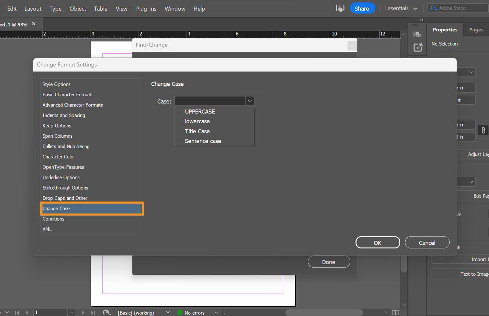 لقطة شاشة للوحة Change Format Settings مع تمييز علامة التبويب Change Case.