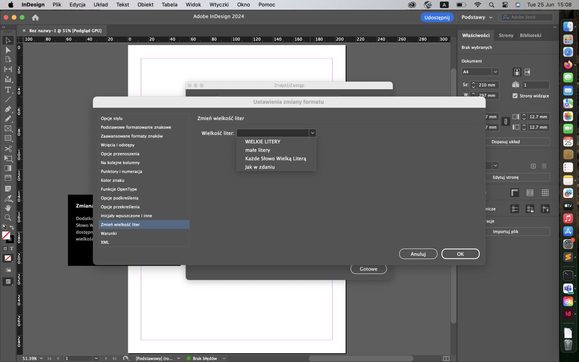 Zrzut ekranu panelu Ustawienia zmiany formatu z podświetloną kartą Zmień wielkości liter.