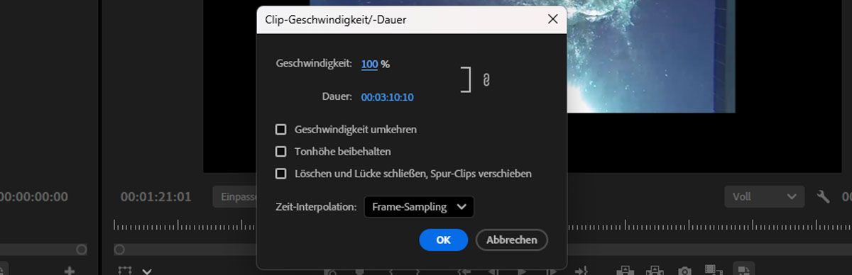 Das Dialogfeld „Clip-Geschwindigkeit/Dauer“ zeigt Optionen an, um die Geschwindigkeit und Dauer deines Clips zu erhöhen oder zu verringern.