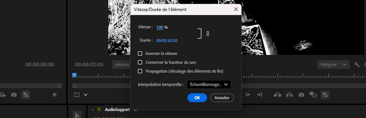 La boîte de dialogue Vitesse/Durée du clip affiche des options pour augmenter ou diminuer la vitesse et la durée de votre clip.
