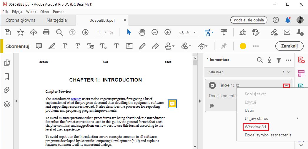 Właściwości komentarza