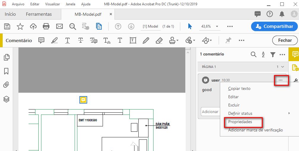 Propriedades do comentário