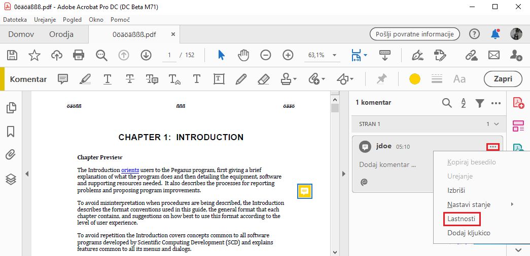 Lastnosti komentarja