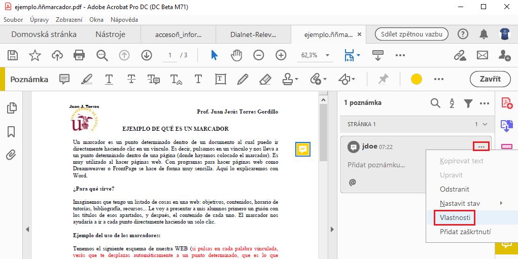 Vlastnosti poznámky