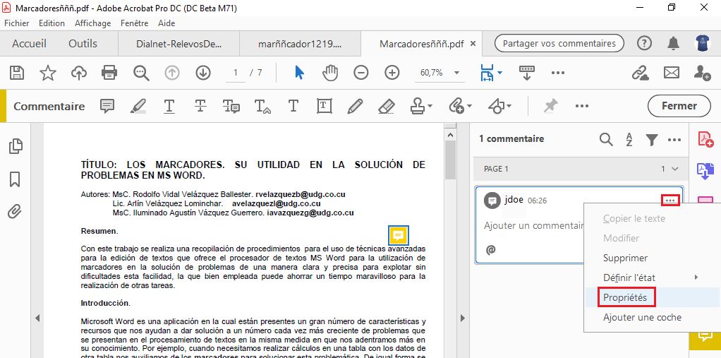 Propriétés du commentaire