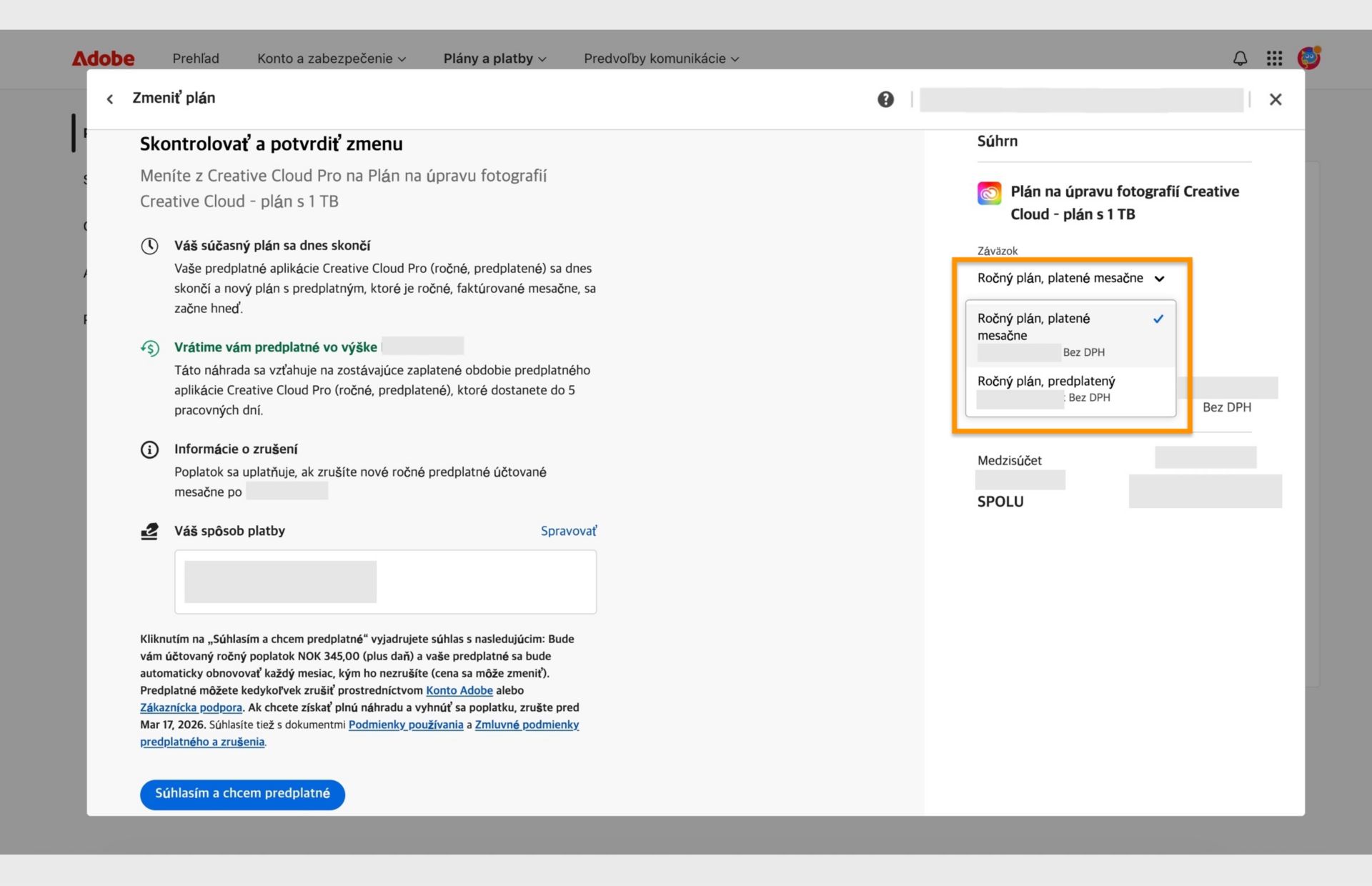 Krok Skontrolovať a potvrdiť zmenu v okne Zmeniť plán zobrazuje všetky podrobnosti nového plánu s možnosťami na zmenu záväzku, súhlas a predplatné. 