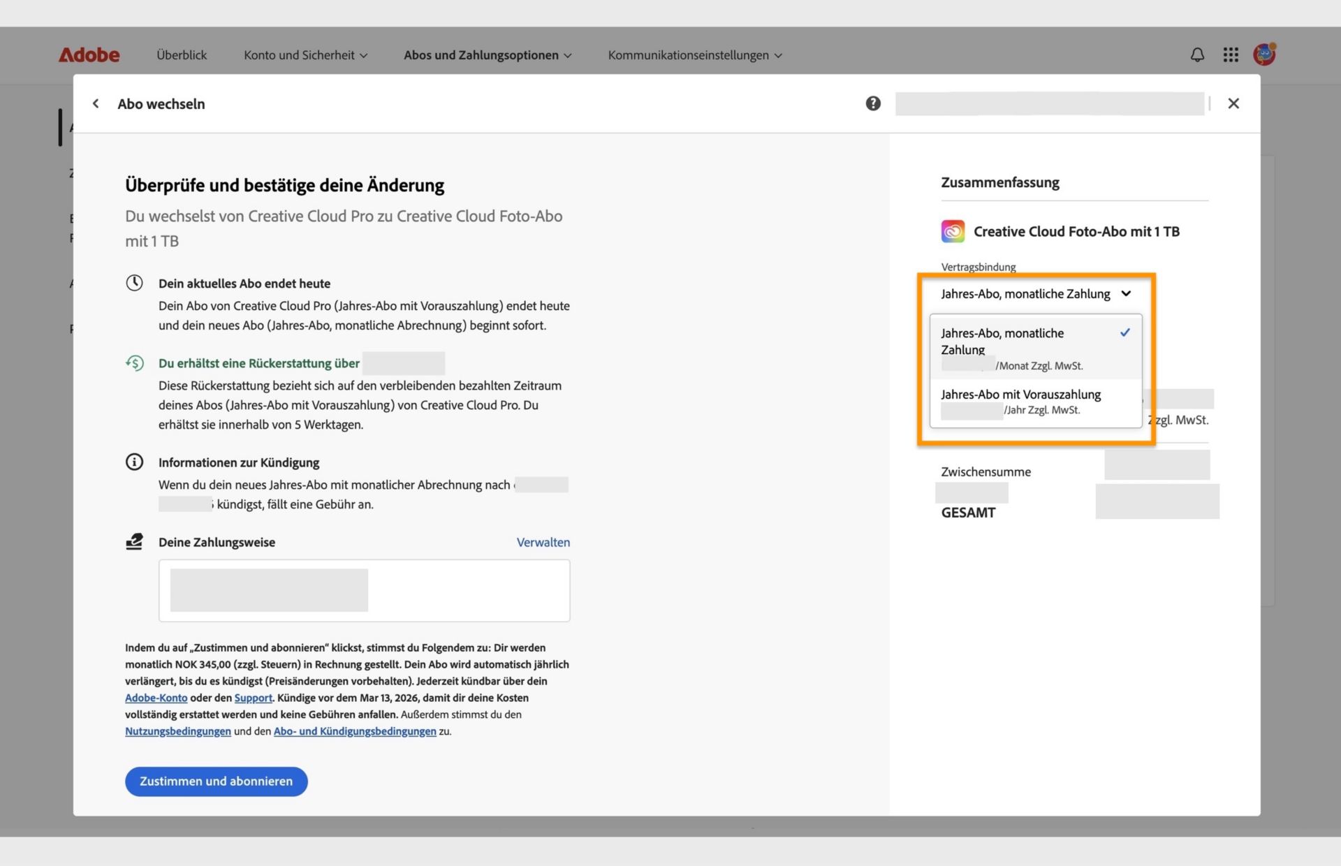 Im Fenster „Abo ändern“ werden im Schritt „Änderungen überprüfen und bestätigen“ alle Details zum neuen Abo angezeigt, zusammen mit Optionen zum Ändern der Vertragslaufzeit und zum Bestätigen und Abonnieren. 