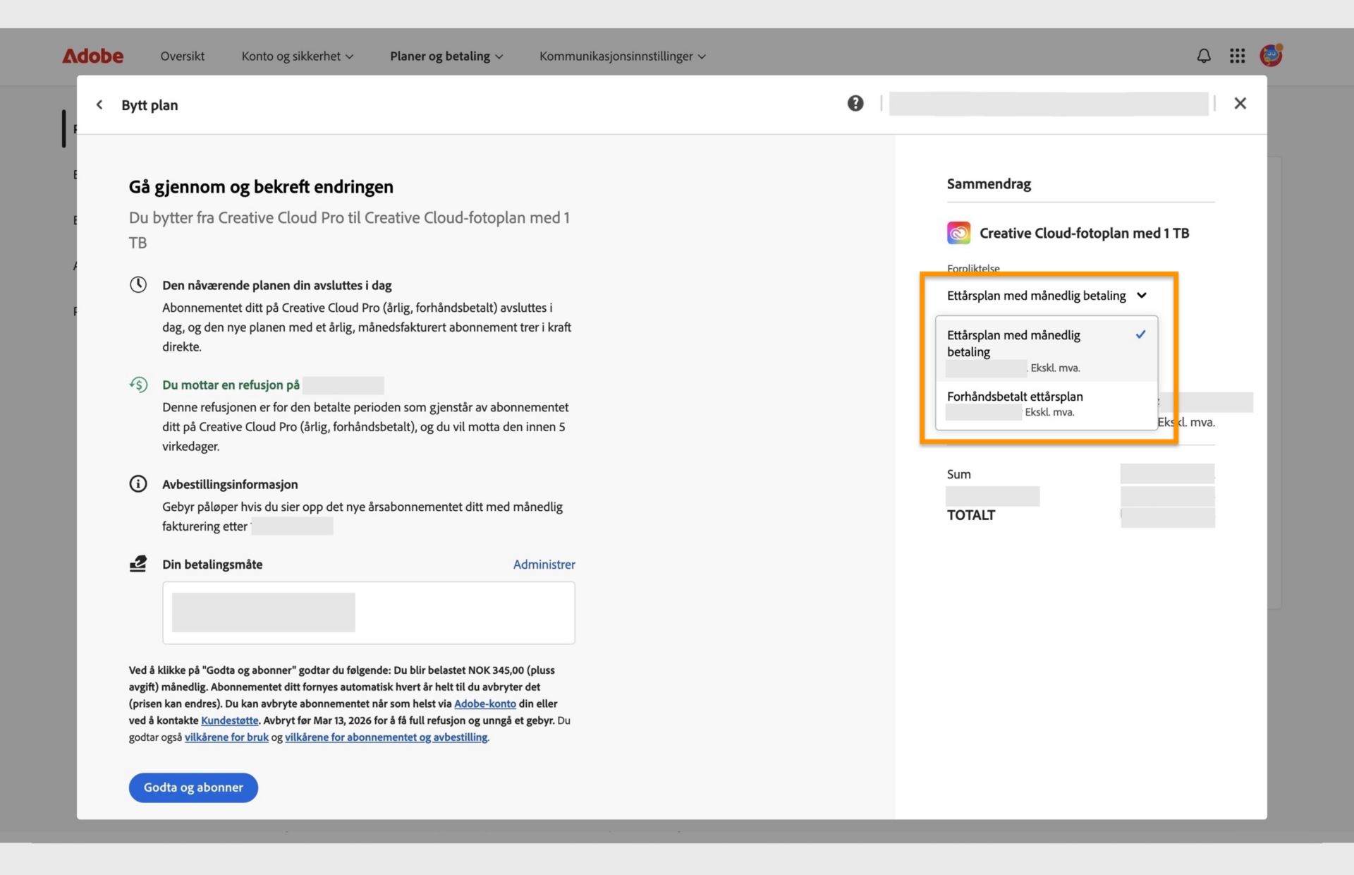 Trinnet Se gjennom og bekreft endringen din i vinduet Bytt plan viser alle detaljene i den nye planen med alternativer for endre faktureringsalternativ og å godta og abonnere. 