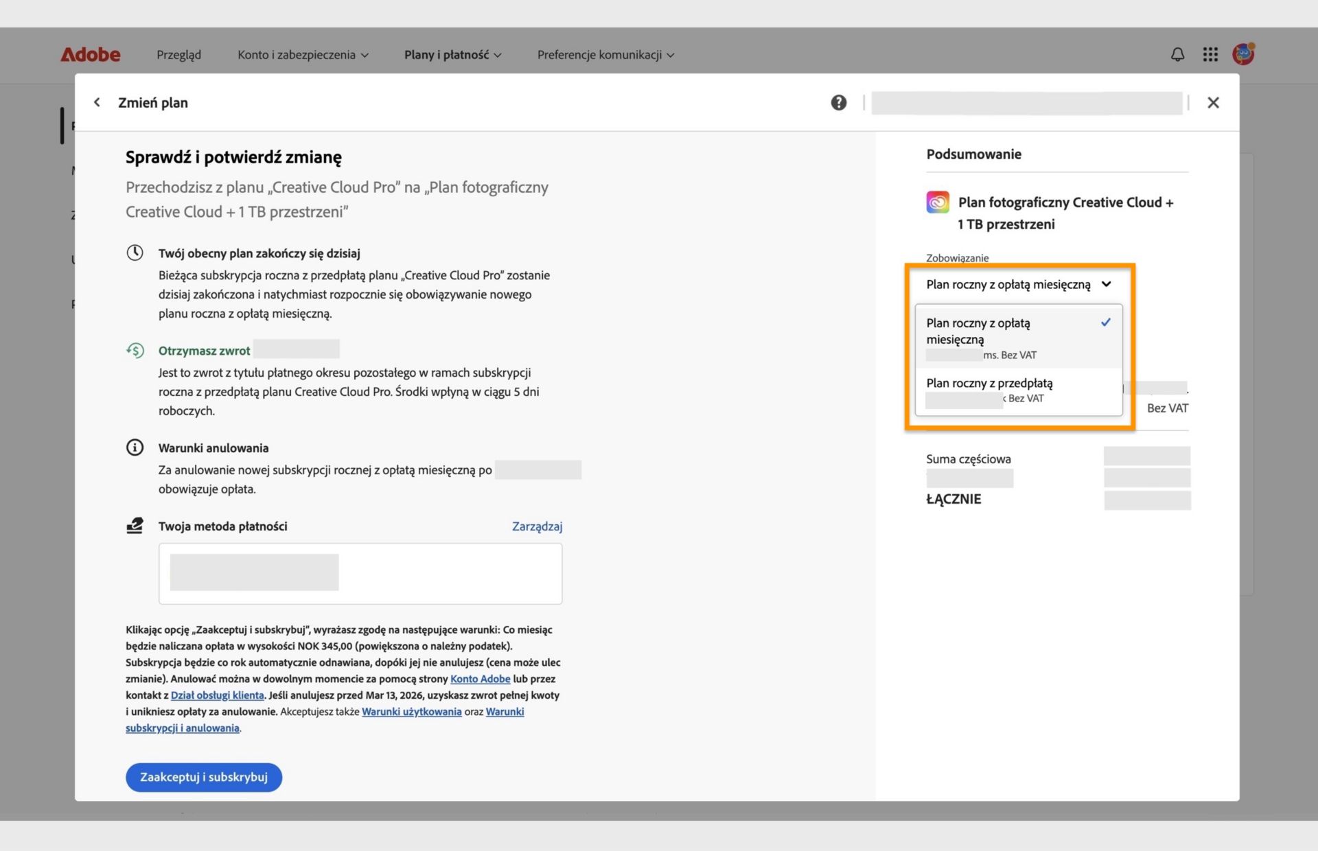 W kroku „Przejrzyj i potwierdź zmianę” w oknie „Zmień plan” wyświetlane są wszystkie szczegóły nowego planu z opcjami umożliwiającymi zmianę umowy, wyrażenie zgody i subskrypcję. 