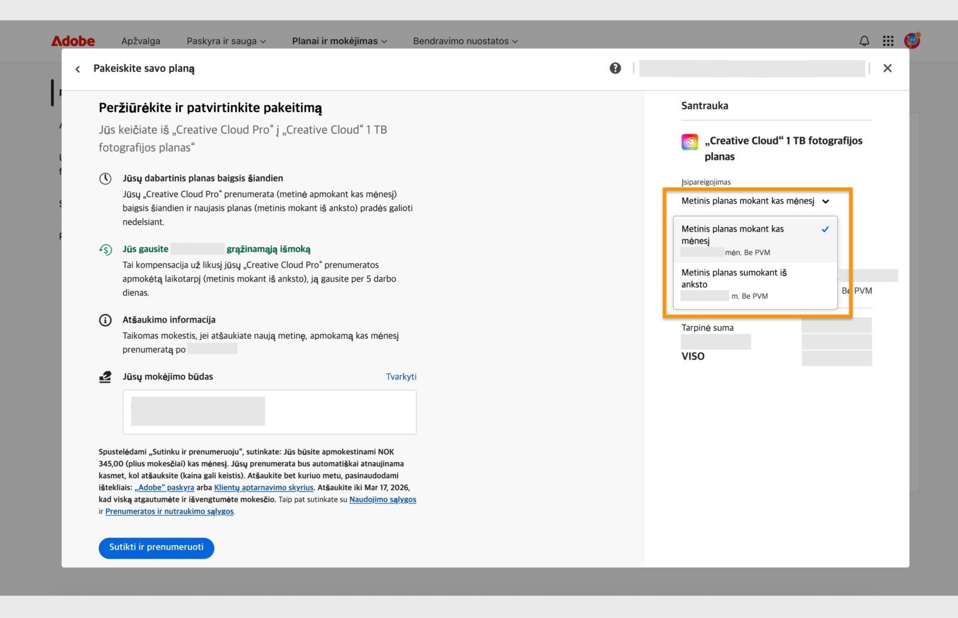 Žingsnis „Peržiūrėti ir patvirtinti savo pakeitimą“ lange „Pakeisti savo planą“ rodoma visa naujojo plano informacija su galimybėmis pakeisti įsipareigojimą bei sutikti ir prenumeruoti. 