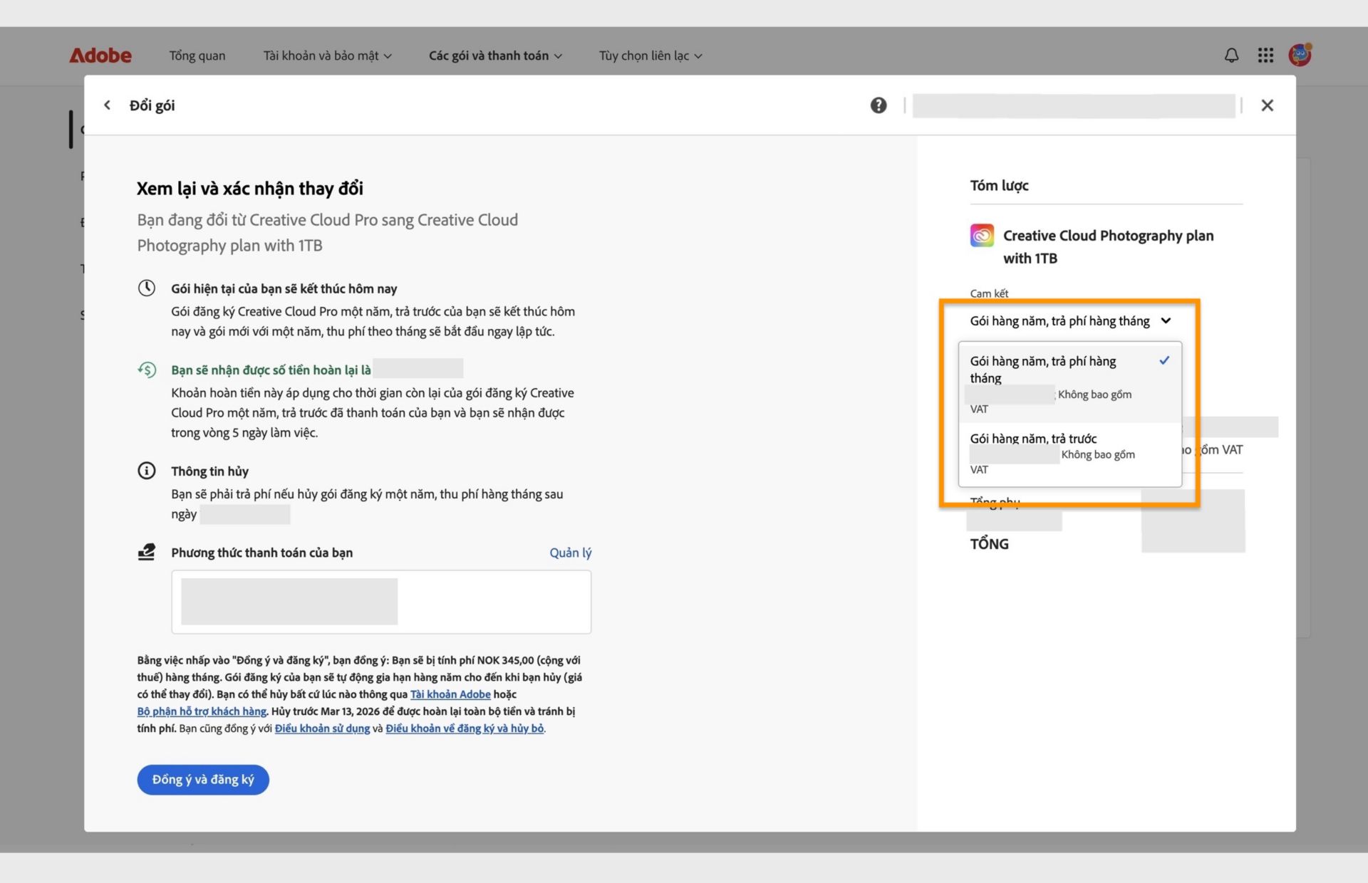 Bước Xem lại và xác nhận thay đổi trong cửa sổ Đổi gói hiển thị tất cả chi tiết của gói mới với các tùy chọn thay đổi cam kết và đồng ý và đăng ký. 