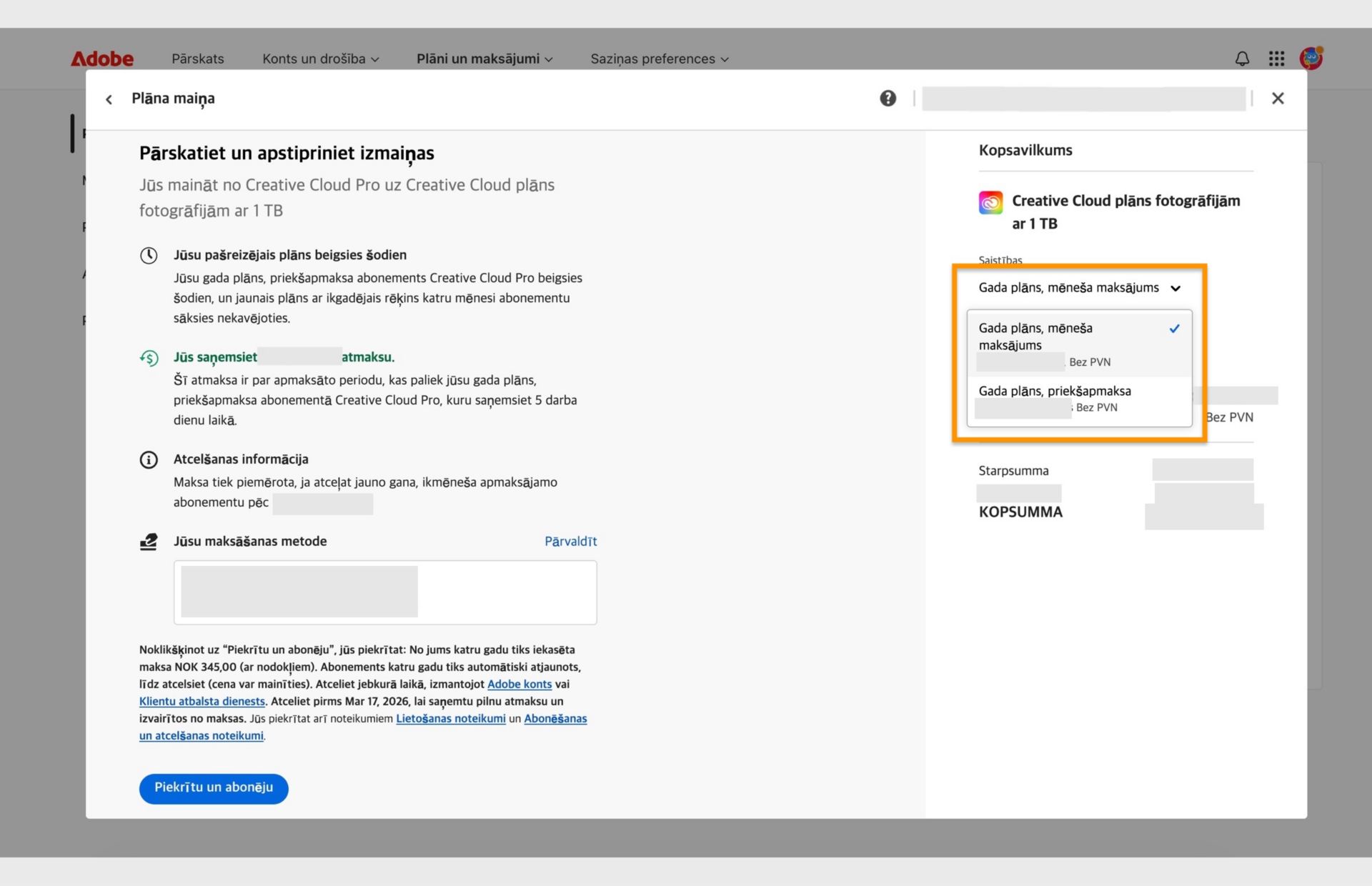 Loga Mainīt jūsu plānu sadaļā Pārskatīt un apstiprināt jūsu izmaiņu soli tiek attēlota visa informācija par jauno plānu ar iespējām mainīt saistības, piekrist un abonēt. 