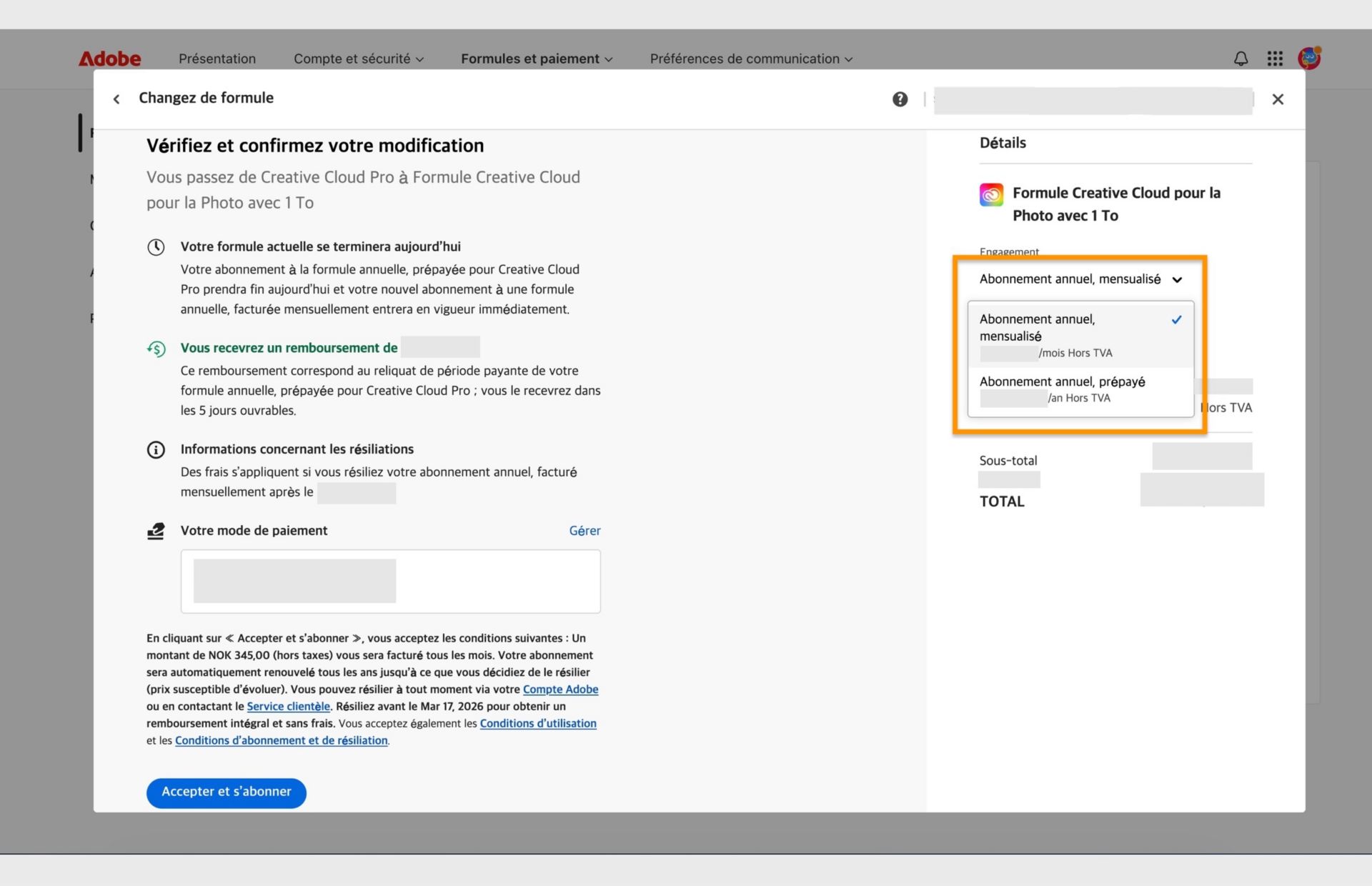 L’étape Vérifier et confirmer votre changement de la fenêtre Modifier votre formule affiche tous les détails de la nouvelle formule avec des options pour modifier l’engagement, accepter et s’abonner. 